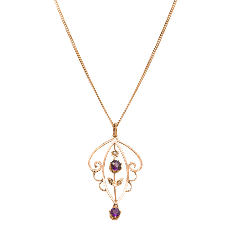 Deja Vu 9ct Rose Gold Amethyst & Seed Pearl Pendant-Necklace-Walker & Hall