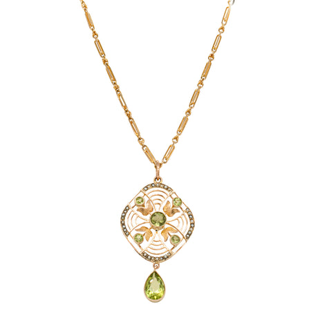 Vintage 10ct Yellow Gold Peridot & Seed Pearl Pendant-Necklace-Walker & Hall