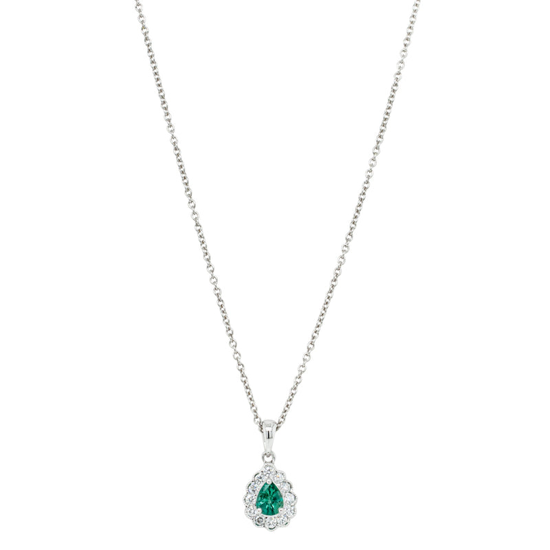 18ct White Gold .31ct Emerald & Diamond Halo Pendant-Necklace-Walker & Hall