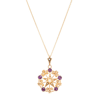 Vintage 17ct Rose Gold Amethyst & Seed Pearl Star Pendant-Necklace-Walker & Hall