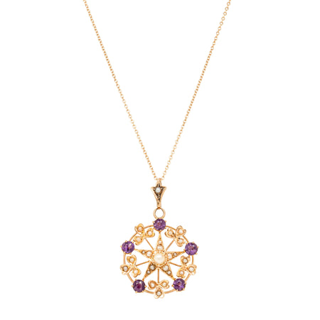 Vintage 17ct Rose Gold Amethyst & Seed Pearl Star Pendant-Necklace-Walker & Hall