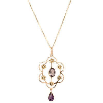 Vintage 9ct Rose Gold Amethyst & Seed Pearl Pendant-Necklace-Walker & Hall