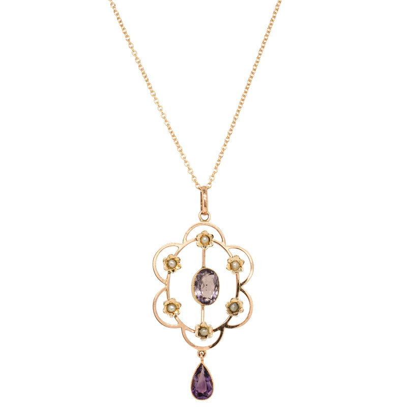 Vintage 9ct Rose Gold Amethyst & Seed Pearl Pendant-Necklace-Walker & Hall