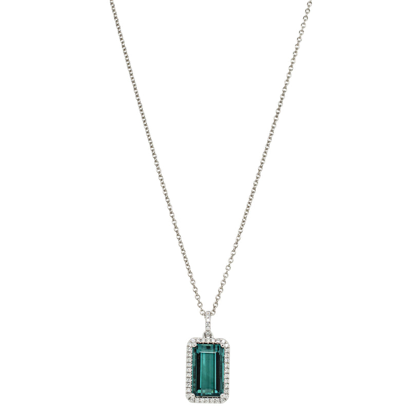 18ct White Gold 3.40ct Teal Tourmaline & Diamond Pendant-Necklace-Walker & Hall