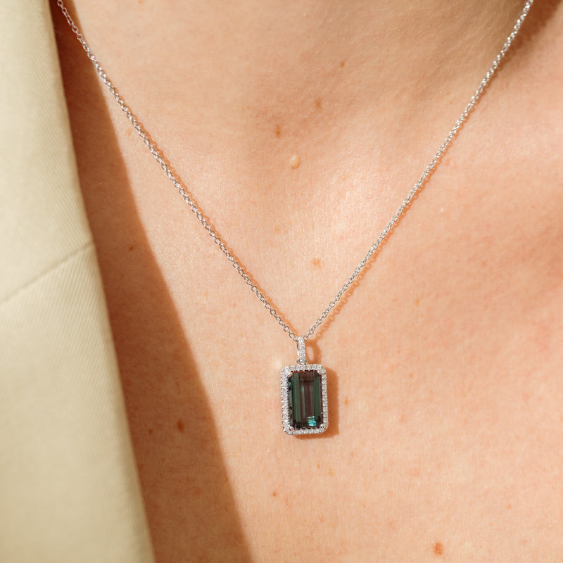 18ct White Gold 3.40ct Teal Tourmaline & Diamond Pendant-Necklace-Walker & Hall