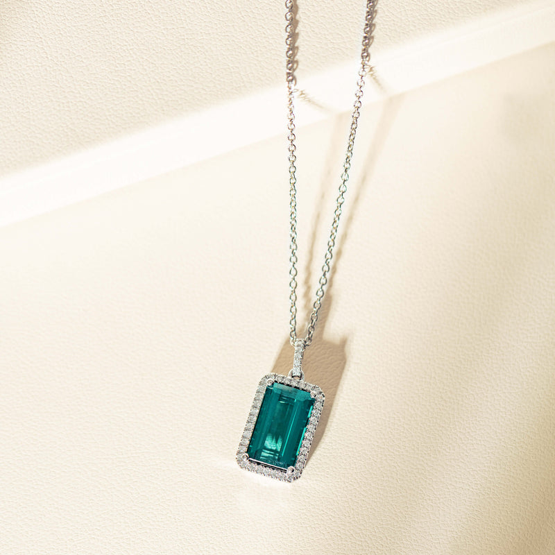 18ct White Gold 3.40ct Teal Tourmaline & Diamond Pendant-Necklace-Walker & Hall