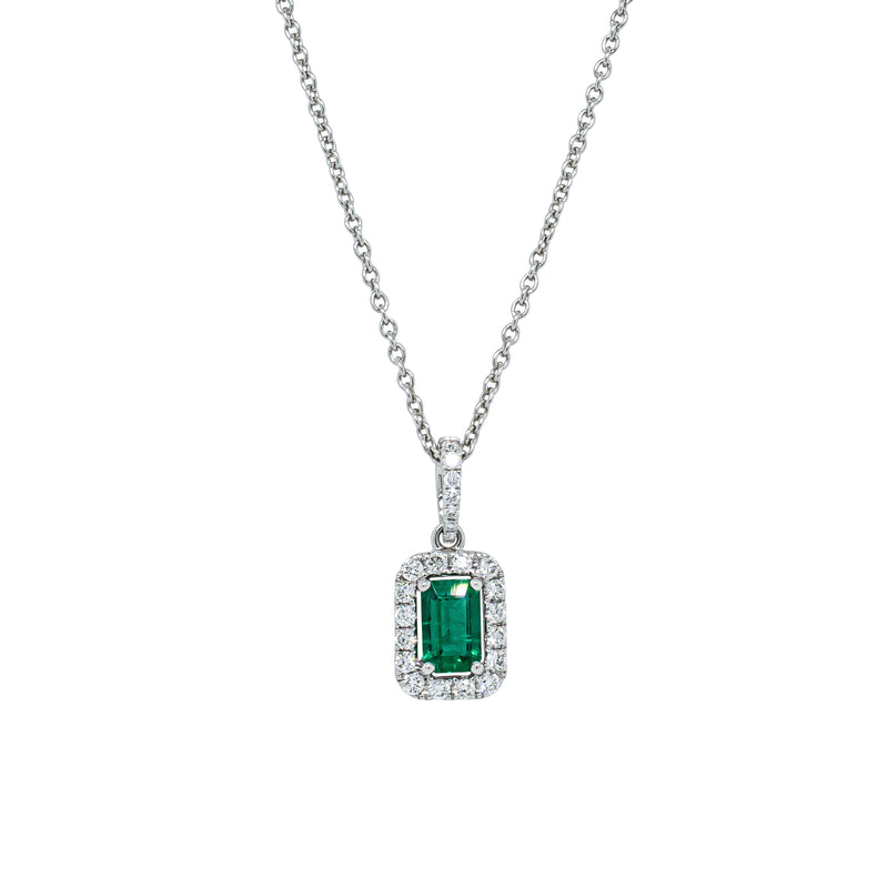 18ct White Gold .37ct Emerald & Diamond Halo Pendant-Necklace-Walker & Hall
