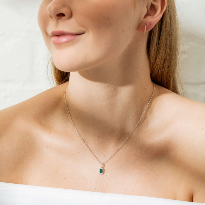 18ct White Gold .37ct Emerald & Diamond Halo Pendant-Necklace-Walker & Hall
