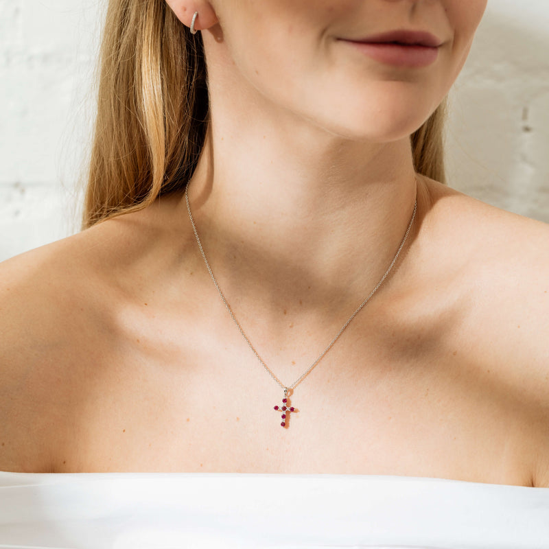 18ct White Gold Ruby & Diamond Cross Pendant-Necklace-Walker & Hall