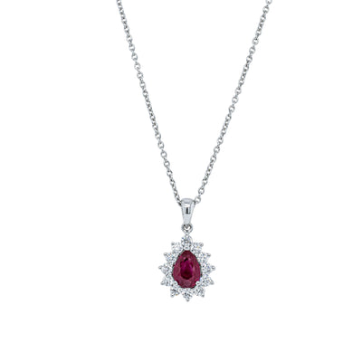 18ct White Gold 1.03ct Ruby & Diamond Halo Pendant-Necklace-Walker & Hall