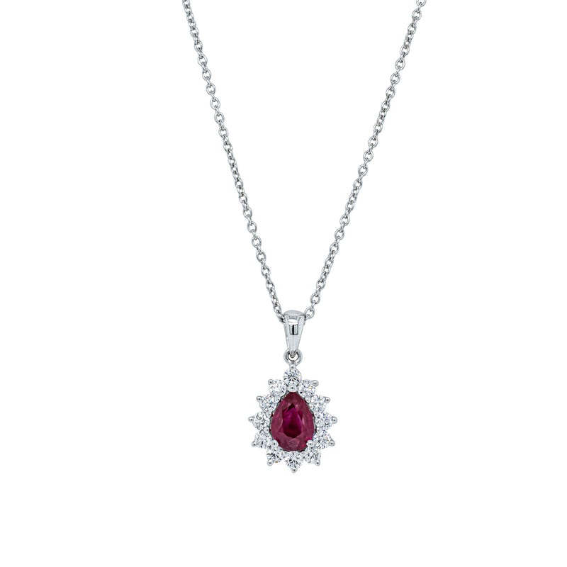 18ct White Gold 1.03ct Ruby & Diamond Halo Pendant-Necklace-Walker & Hall