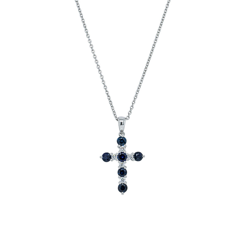 18ct White Gold Sapphire & Diamond Cross Pendant-Necklace-Walker & Hall