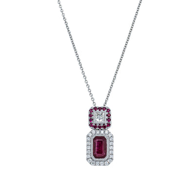 18ct White Gold Ruby & Diamond Halo Pendant-Necklace-Walker & Hall