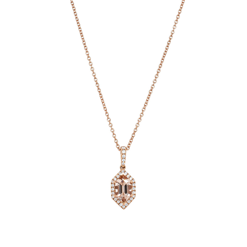 18ct Rose Gold Hexagonal Morganite & Diamond Mini Sierra Pendant-Necklace-Walker & Hall