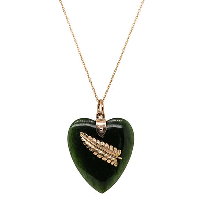 Vintage 9ct Yellow Gold Greenstone Heart & Fern Pendant - Necklace - Walker & Hall