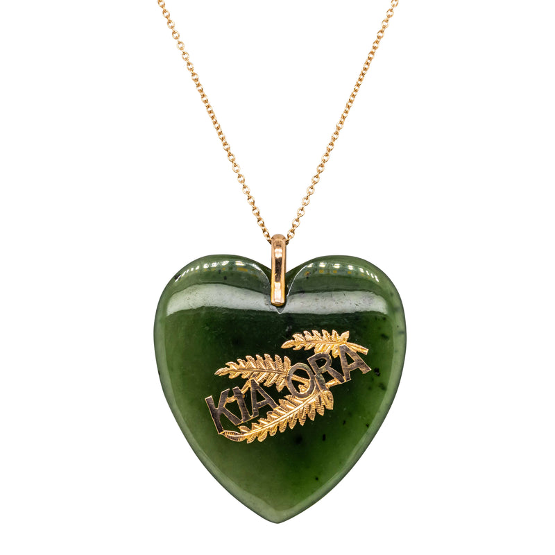 Vintage 9ct Yellow Gold Greenstone Kia Ora Heart Pendant - Necklace - Walker & Hall