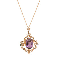 Vintage 9ct Yellow Gold Amethyst, Emerald & Seed Pearl Pendant-Necklace-Walker & Hall