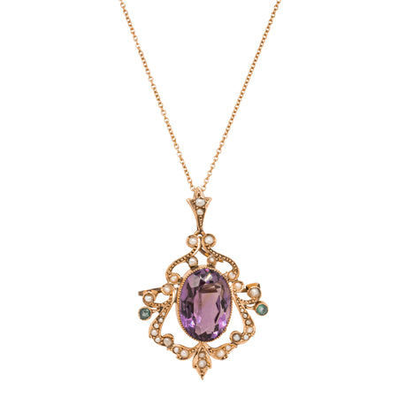 Vintage 9ct Yellow Gold Amethyst, Emerald & Seed Pearl Pendant-Necklace-Walker & Hall