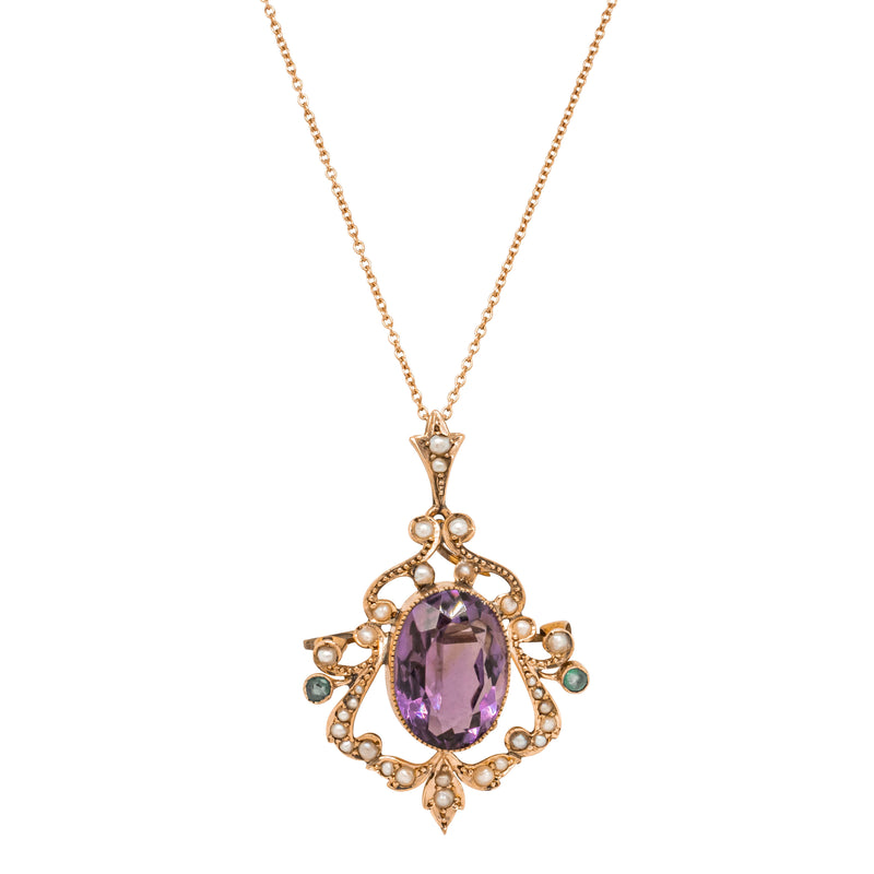 Vintage 9ct Yellow Gold Amethyst, Emerald & Seed Pearl Pendant-Necklace-Walker & Hall