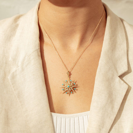 Vintage 15ct Yellow Gold Turquoise & Seed Pearl Starburst Pendant - Necklace - Walker & Hall