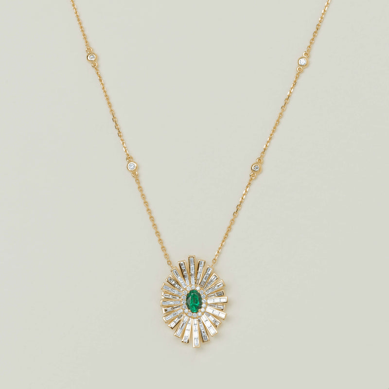 18ct Yellow Gold .45ct Emerald & Diamond Starburst Pendant - Necklace - Walker & Hall