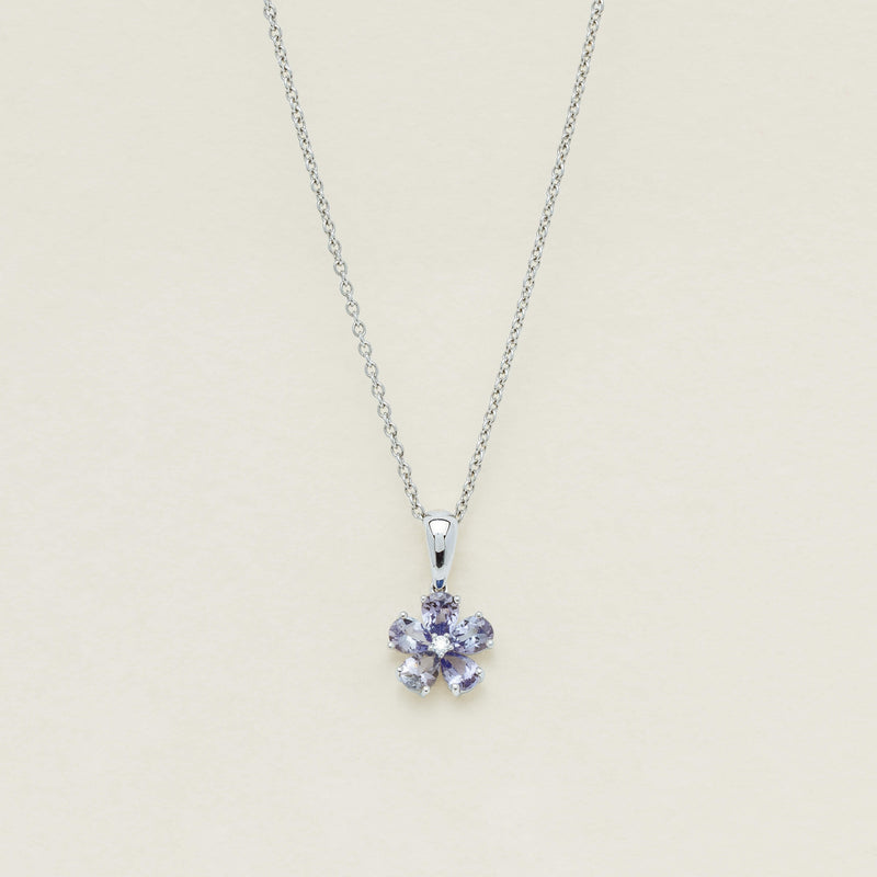 18ct White Gold Tanzanite Forget-Me-Not Flower Pendant - Necklace - Walker & Hall