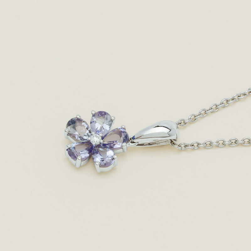 18ct White Gold Tanzanite Forget-Me-Not Flower Pendant - Necklace - Walker & Hall