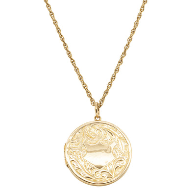 Vintage 9ct Yellow Gold & Brass Engraved Locket-Necklace-Walker & Hall