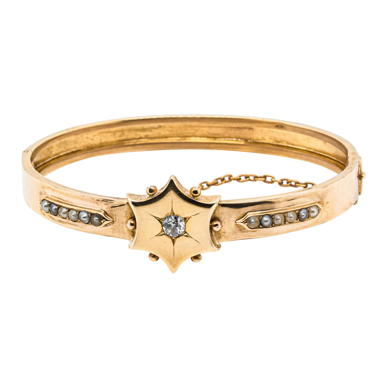 Vintage 15ct Yellow Gold Hollow Diamond & Seed Pearl Bangle - Bracelet - Walker & Hall