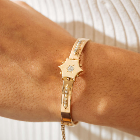 Vintage 15ct Yellow Gold Hollow Diamond & Seed Pearl Bangle - Bracelet - Walker & Hall