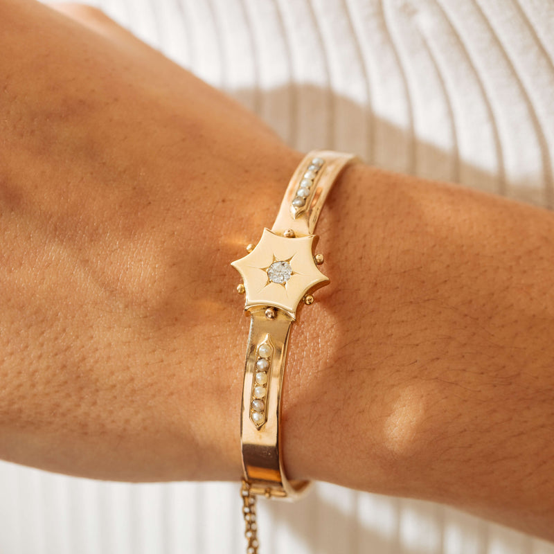Vintage 15ct Yellow Gold Hollow Diamond & Seed Pearl Bangle - Bracelet - Walker & Hall