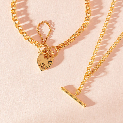 Yellow Gold Fob Chain and Heart Padlock Bracelet