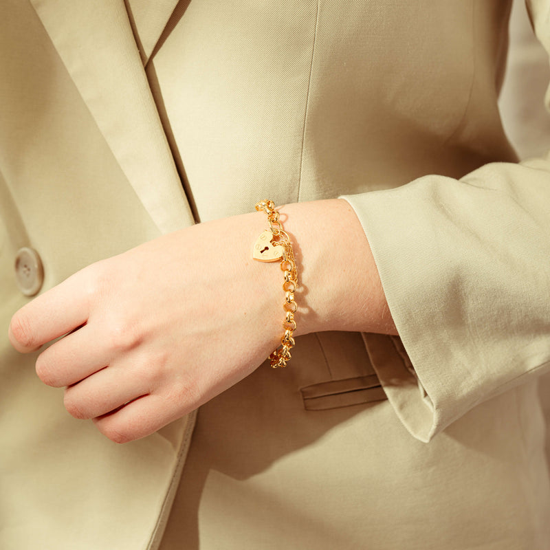 9ct Yellow Gold Belcher Bracelet With Flat Heart Clasp-Bracelet-Walker & Hall