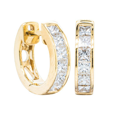 18ct Yellow Gold Princess Cut Diamond Riviera Hoop Earrings-Earrings-Walker & Hall