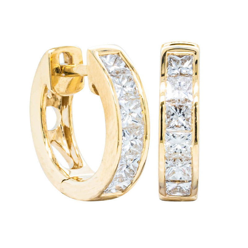 18ct Yellow Gold Princess Cut Diamond Riviera Hoop Earrings-Earrings-Walker & Hall
