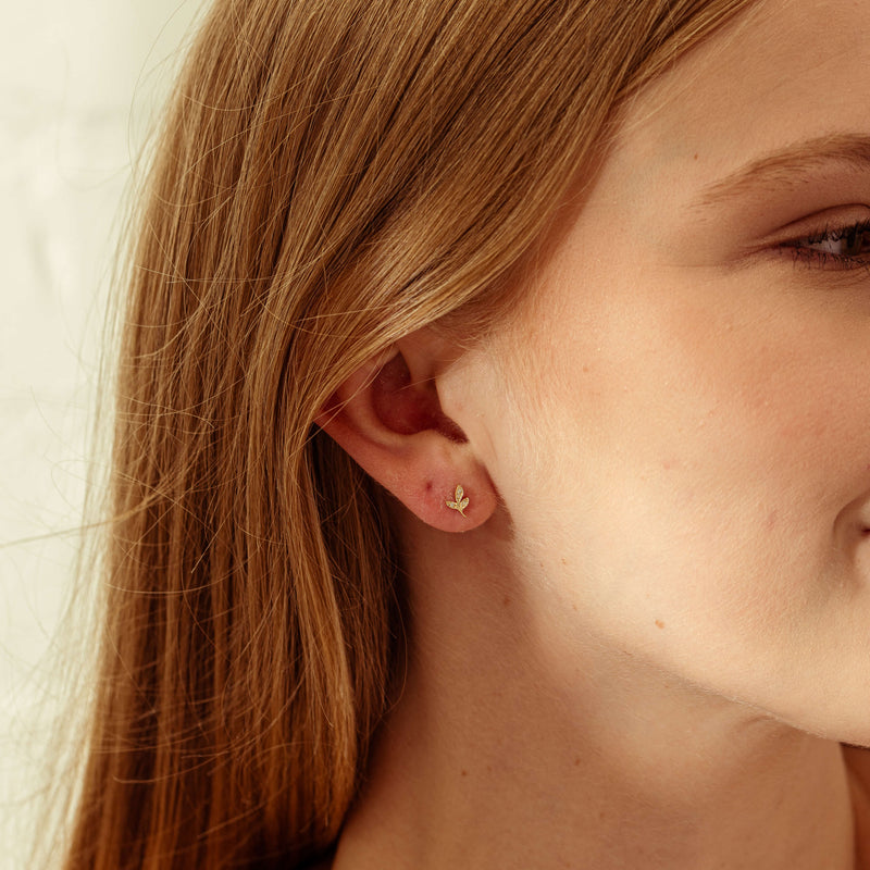 9ct Yellow Gold Diamond Leaf Studs-Earrings-Walker & Hall