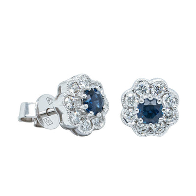 18ct White Gold Sapphire & Diamond Halo Stud Earrings-Earrings-Walker & Hall