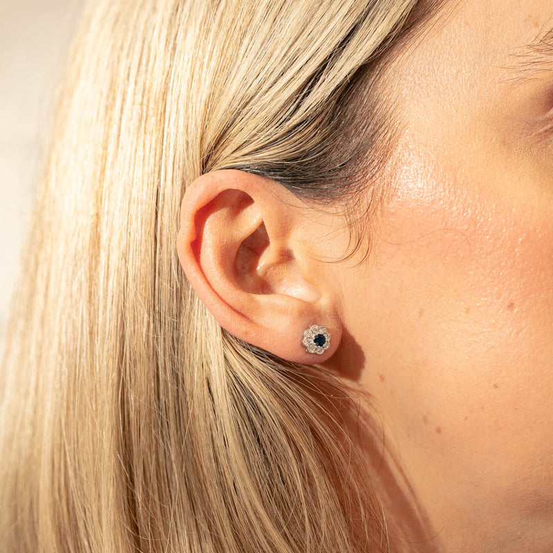 18ct White Gold Sapphire & Diamond Halo Stud Earrings-Earrings-Walker & Hall