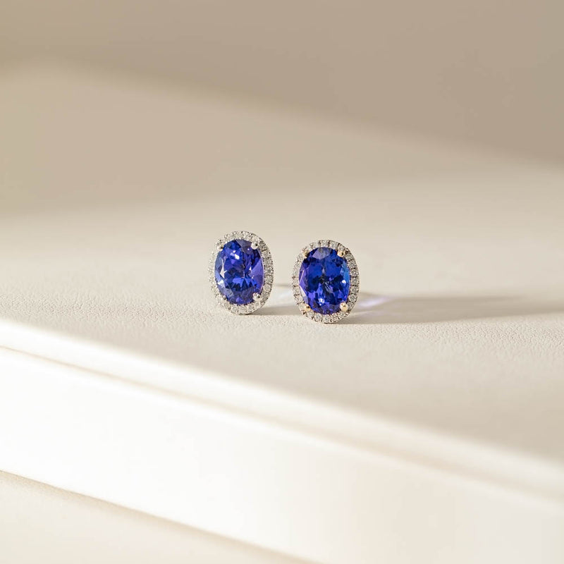 18ct White Gold 4.59ct Tanzanite & Diamond Halo Earrings-Earrings-Walker & Hall