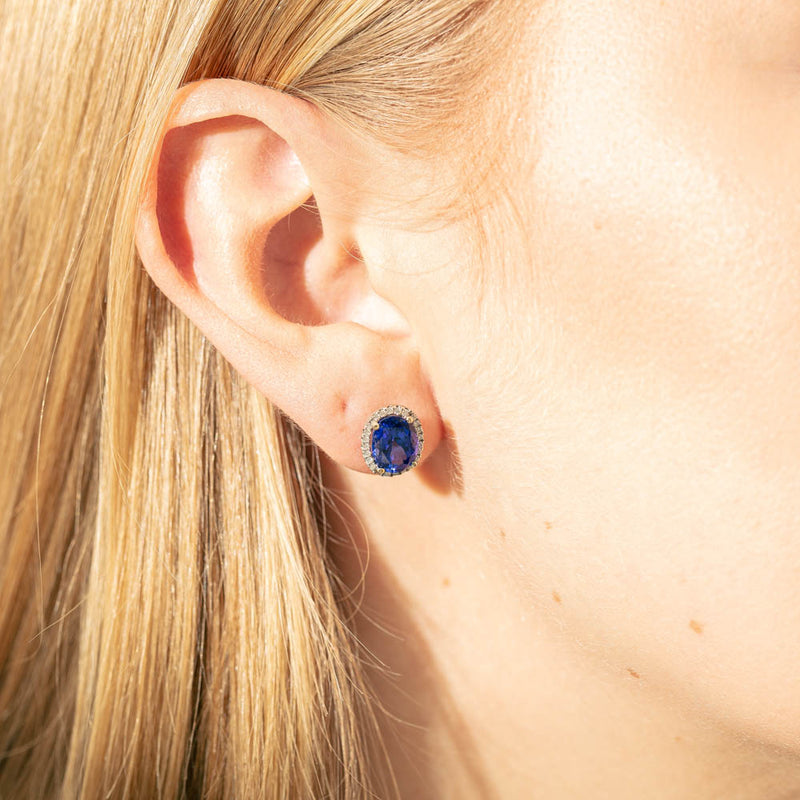 18ct White Gold 4.59ct Tanzanite & Diamond Halo Earrings-Earrings-Walker & Hall