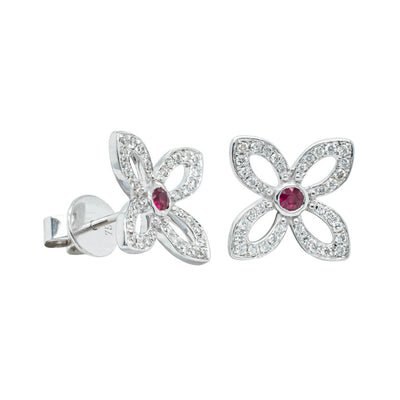 18ct White Gold Ruby & Diamond Flower Earrings-Earrings-Walker & Hall