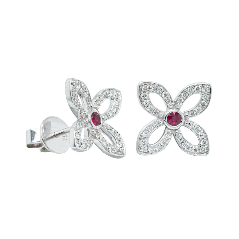 18ct White Gold Ruby & Diamond Flower Earrings-Earrings-Walker & Hall