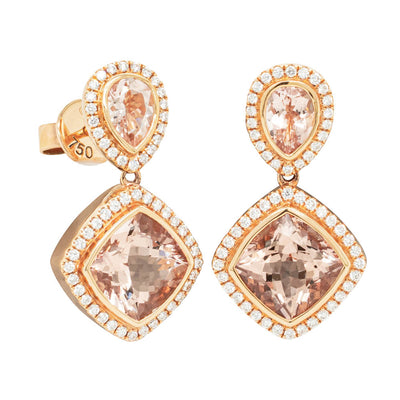 18ct Rose Gold 7.55ct Morganite & Diamond Drop Earrings-Earrings-Walker & Hall