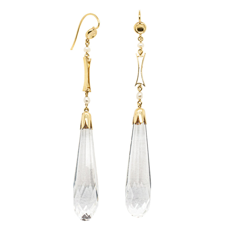 Vintage 15ct Yellow Gold Quartz Crystal Drop Earrings-Earrings-Walker & Hall