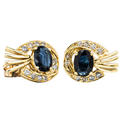 Vintage 18ct Yellow Gold 2.00ct Sapphire & Diamond Earrings-Earrings-Walker & Hall