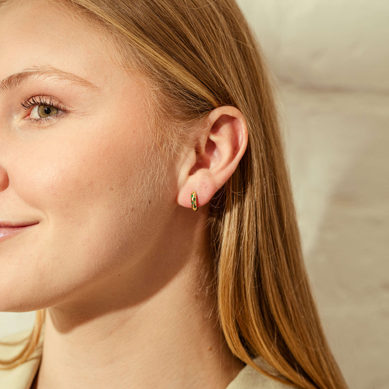 18ct Yellow Gold Emerald Lucky Huggie Earrings-Earrings-Walker & Hall