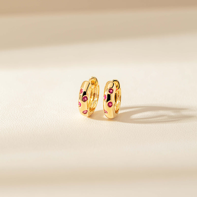 18ct Yellow Gold .16ct Ruby Lucky Huggie Earrings-Earrings-Walker & Hall