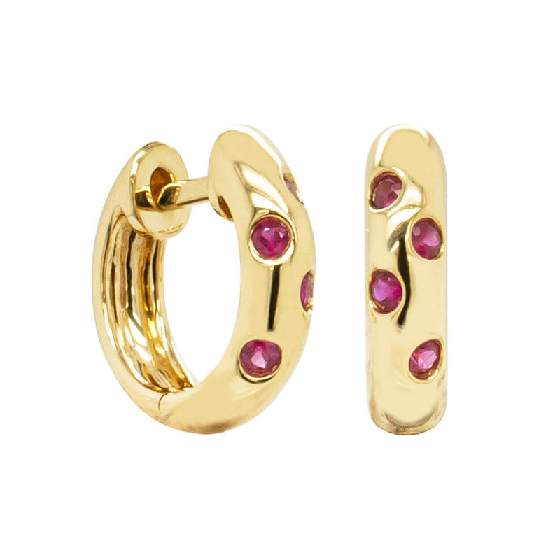 18ct Yellow Gold .16ct Ruby Lucky Huggie Earrings-Earrings-Walker & Hall
