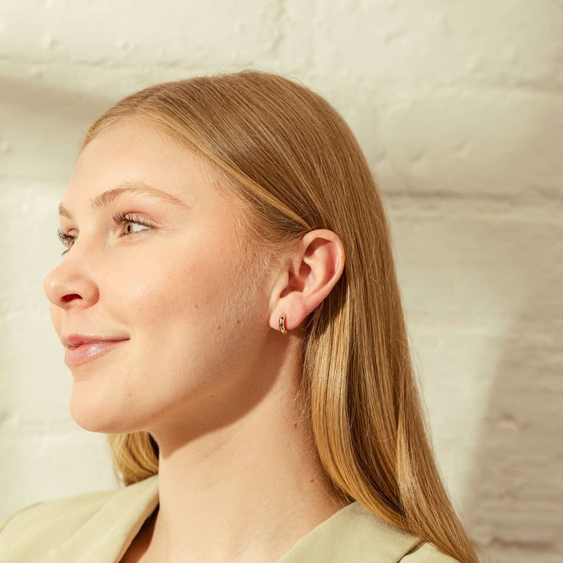 18ct Yellow Gold Sapphire Lucky Huggie Earrings-Earrings-Walker & Hall