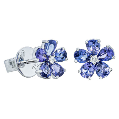 18ct White Gold Tanzanite Forget-Me-Not Flower Earrings-Earrings-Walker & Hall